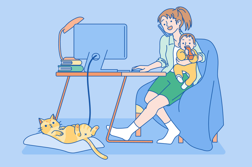 A graphic showing a stay-at-home mom working on her laptop while a child is playing in the background