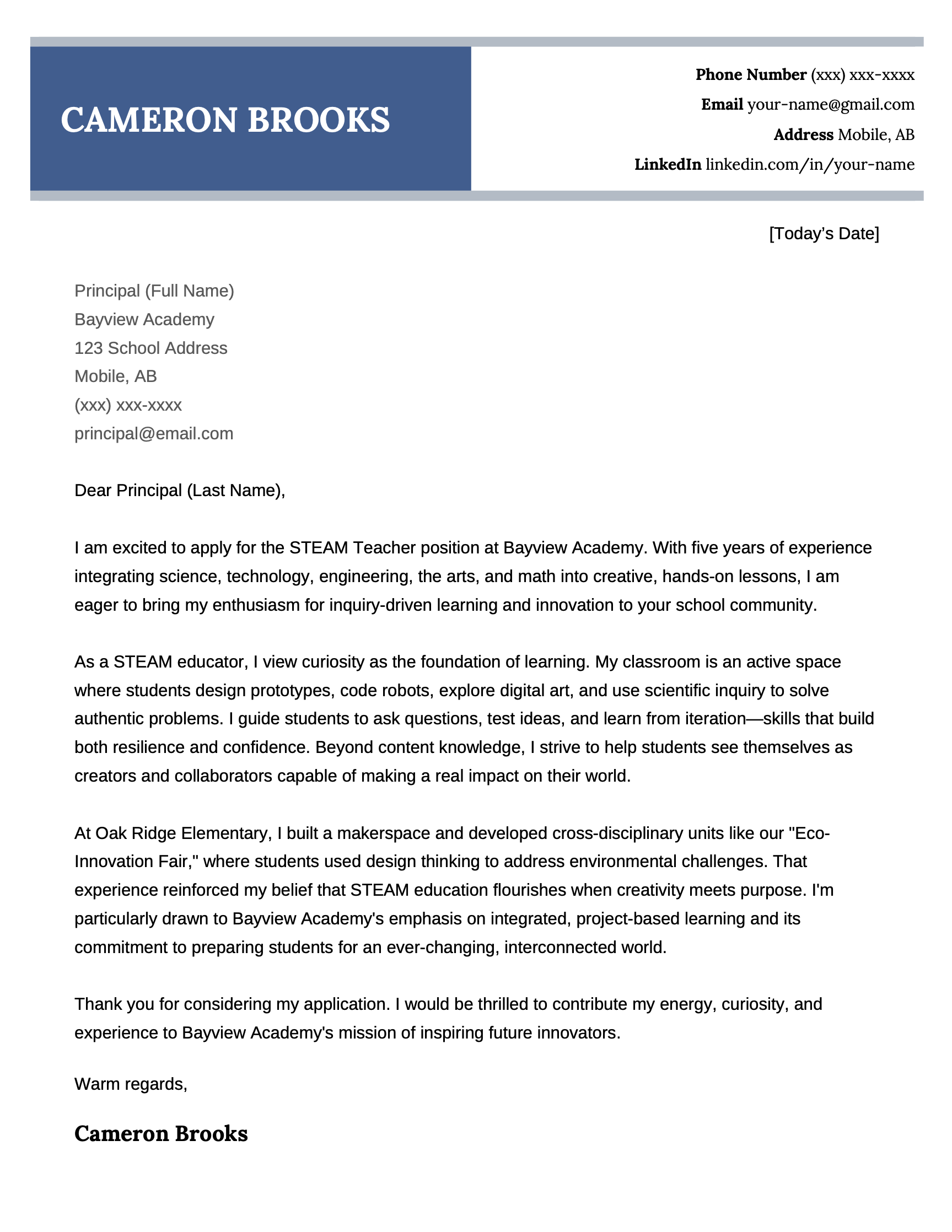 An elementary teacher cover letter for a job at a STEAM school.