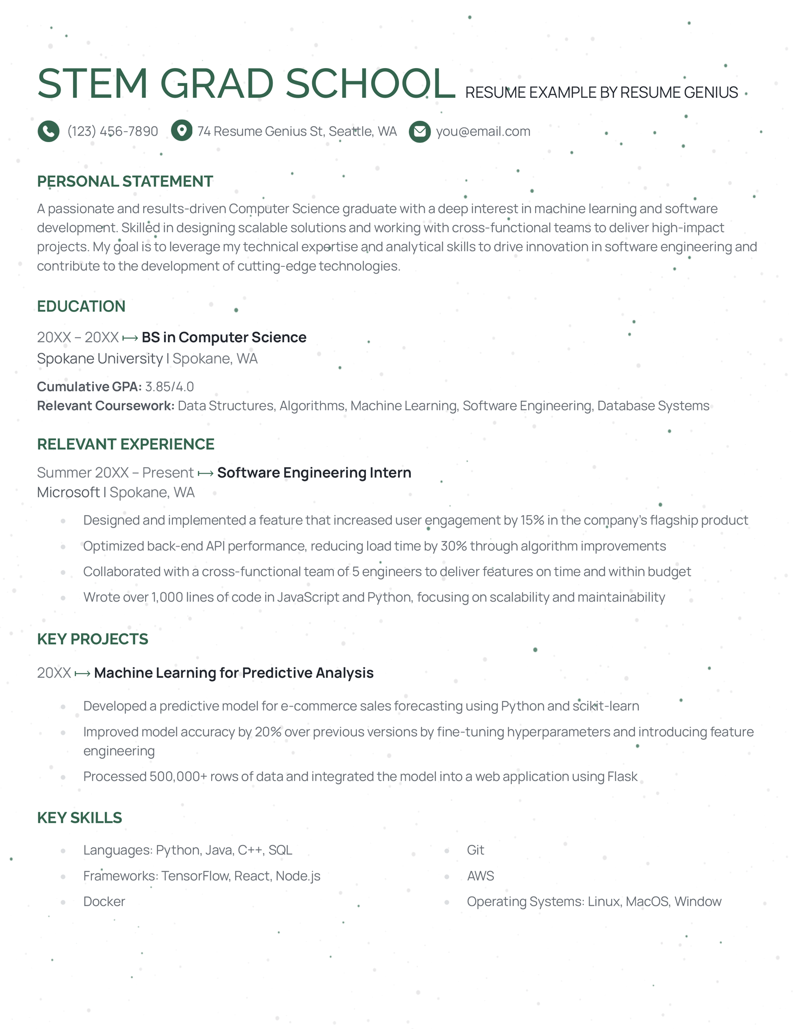 A STEM grad school resume example.