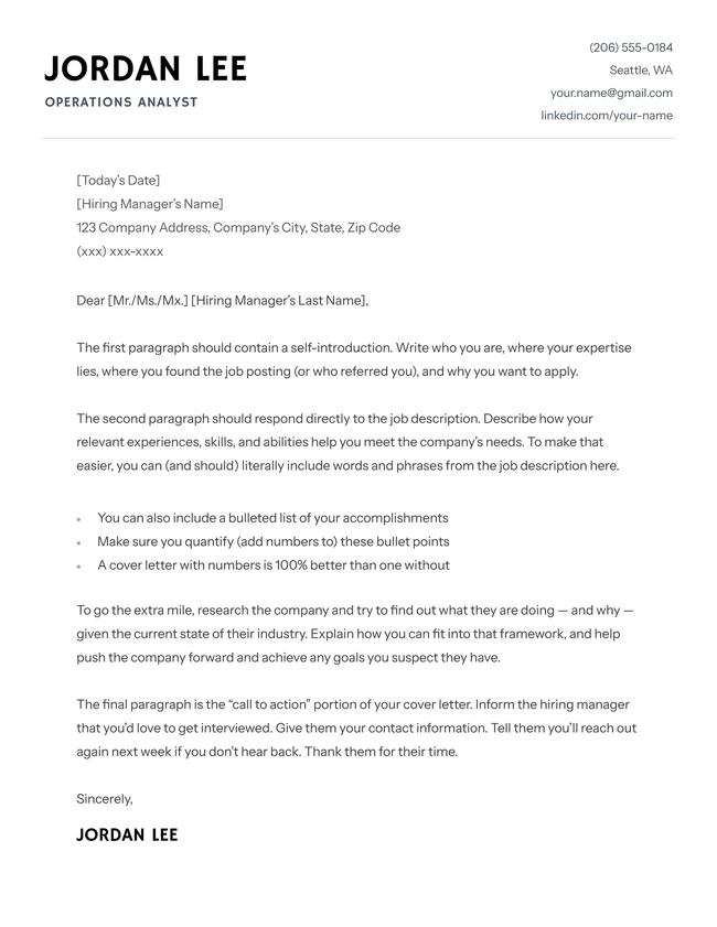 Sterling cover letter template in black