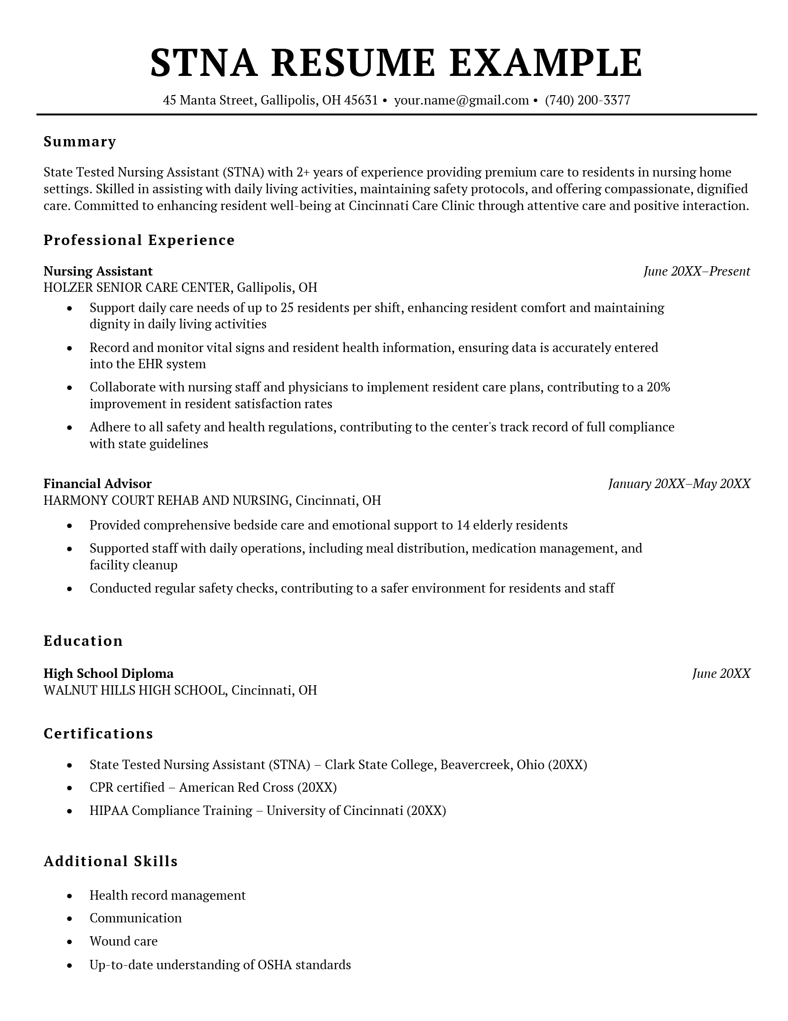 An STNA resume example in a basic black-and-white template