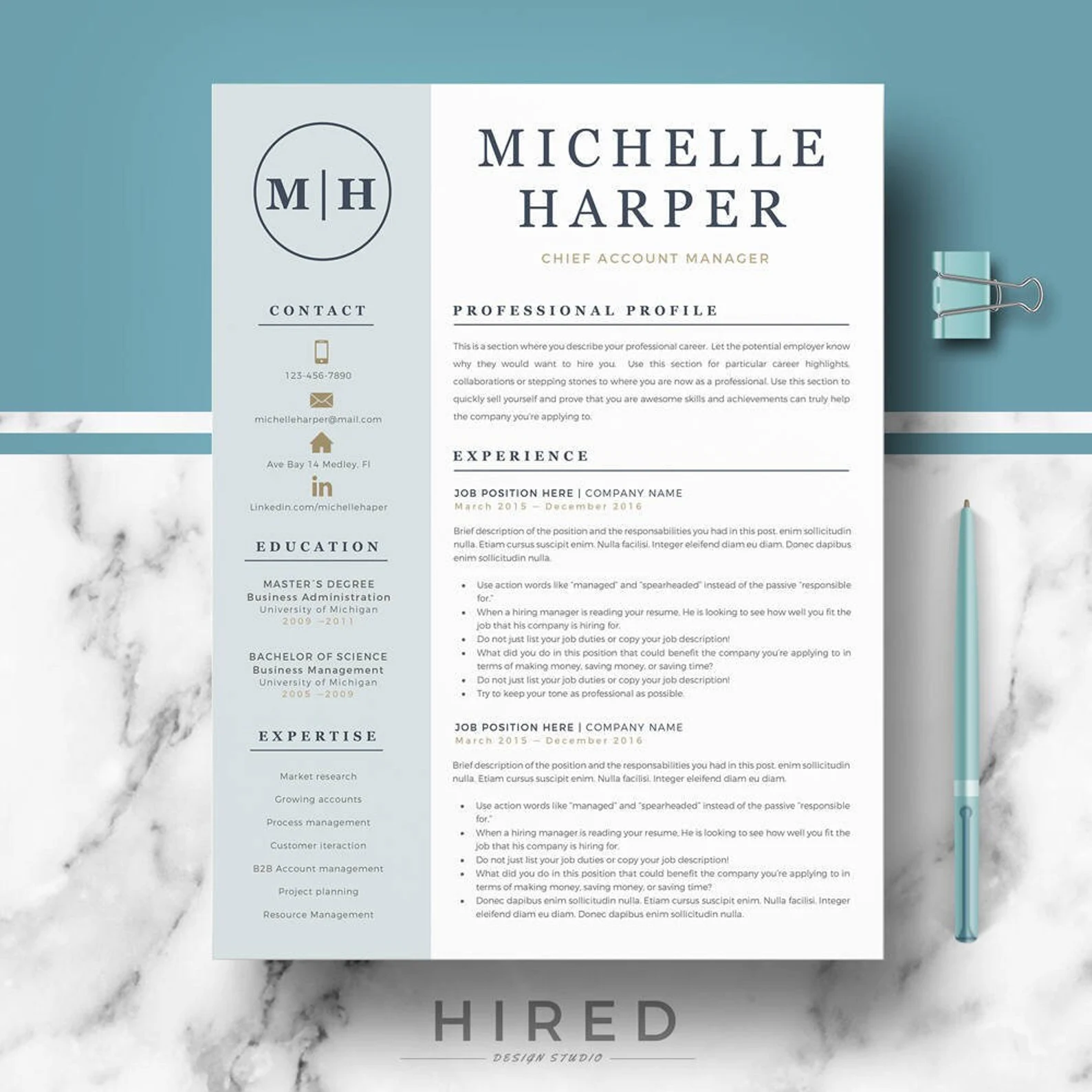 A visual resume example with a monogram and icons.