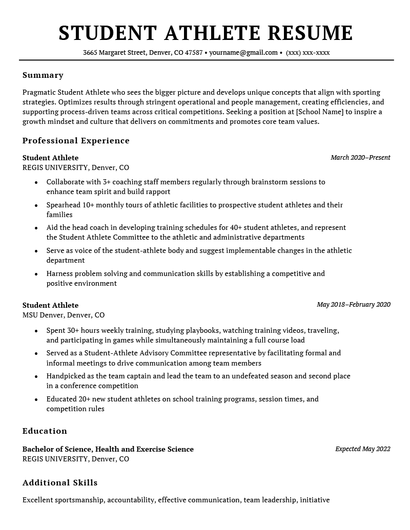 A student athlete resume example on a template with four sections including the applicant's summary, professional experience, educational background, and additional skills