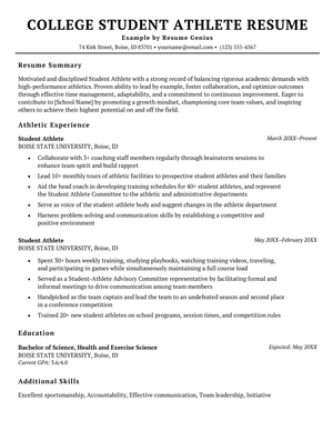A student athlete resume example on a template with four sections including the applicant's summary, professional experience, educational background, and additional skills