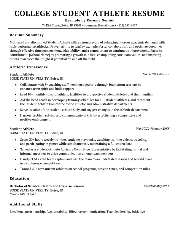 A student athlete resume example on a template with four sections including the applicant's summary, professional experience, educational background, and additional skills
