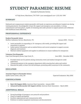 Student paramedic resume example and template