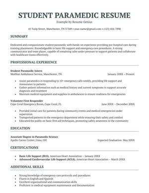 Student paramedic resume example and template