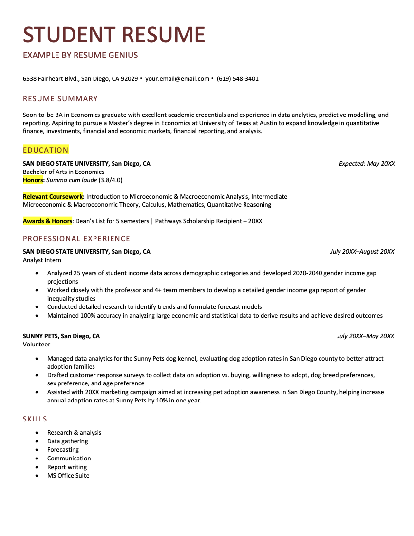 An example resume for a grad school student. 