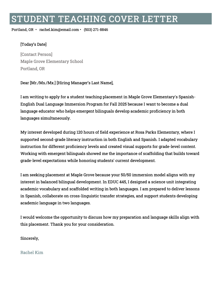 A student teaching college student cover letter sample for a candidate seeking a specialized role