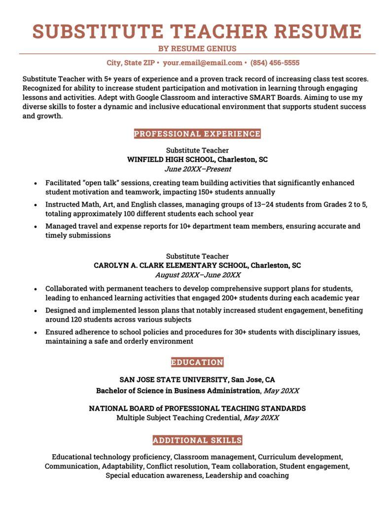 Substitute Teacher Resume Samples - Substitute Teacher Resume Example 1 791x1024