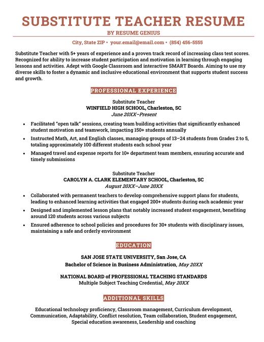 An example of a a substitute teacher resume