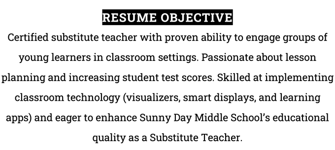 A substitute teacher resume example with white header text on a black bar, and three center-aligned sentences about the applicant