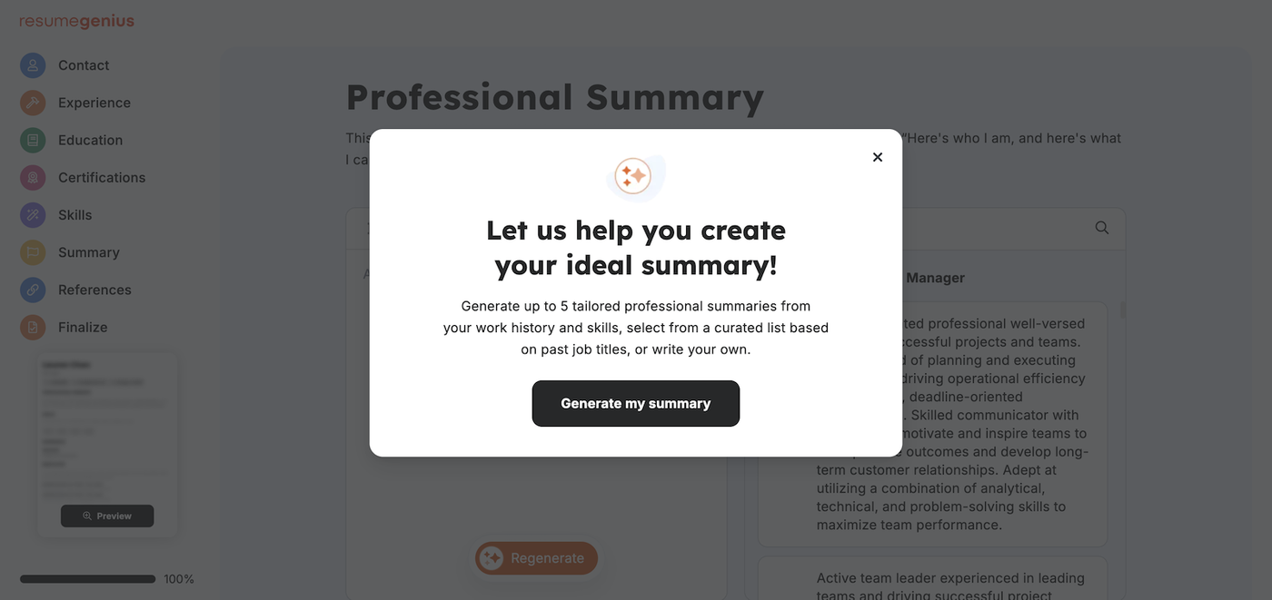 The Resume Genius resume summary generator.