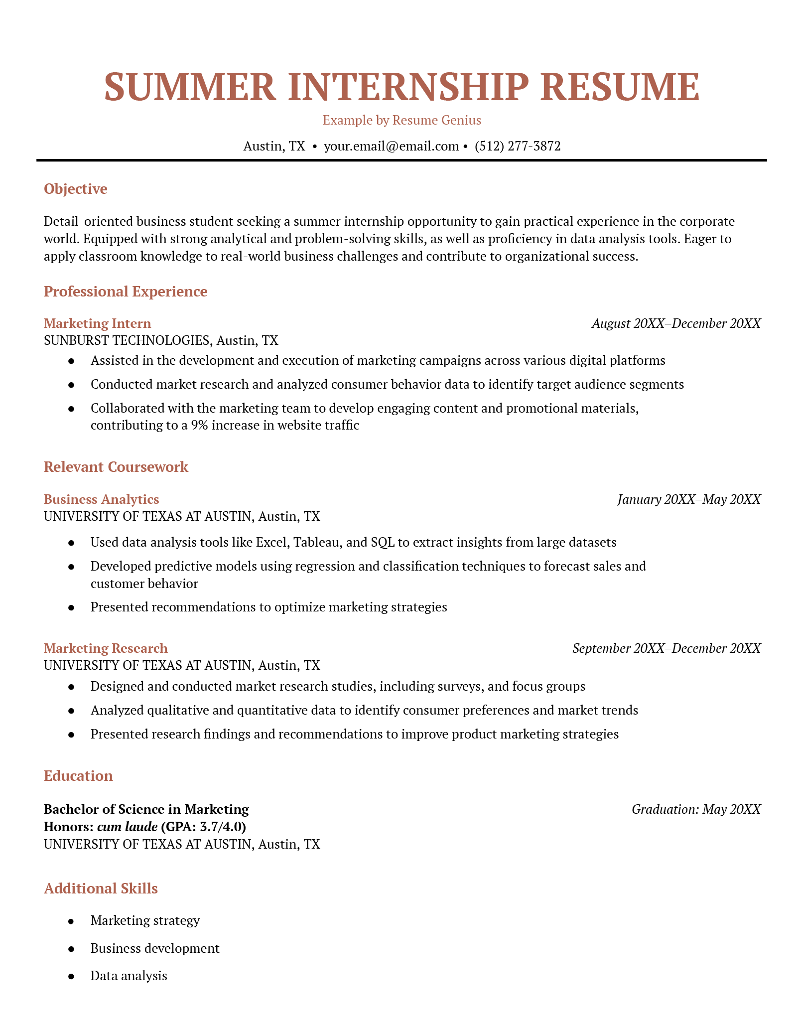 An example resume for a summer internship.