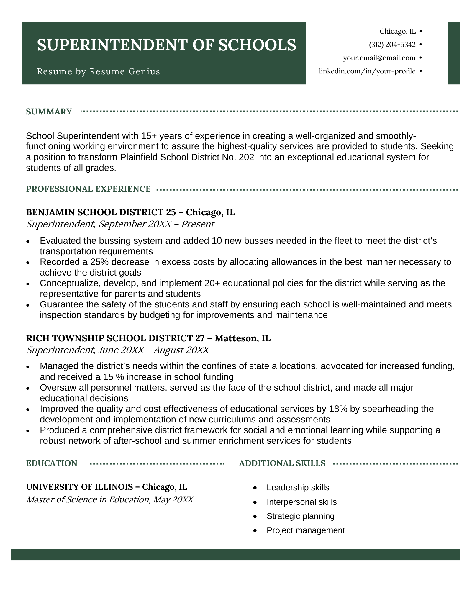 An example of a superintendent of schools resume.