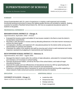 An example of a superintendent of schools resume.