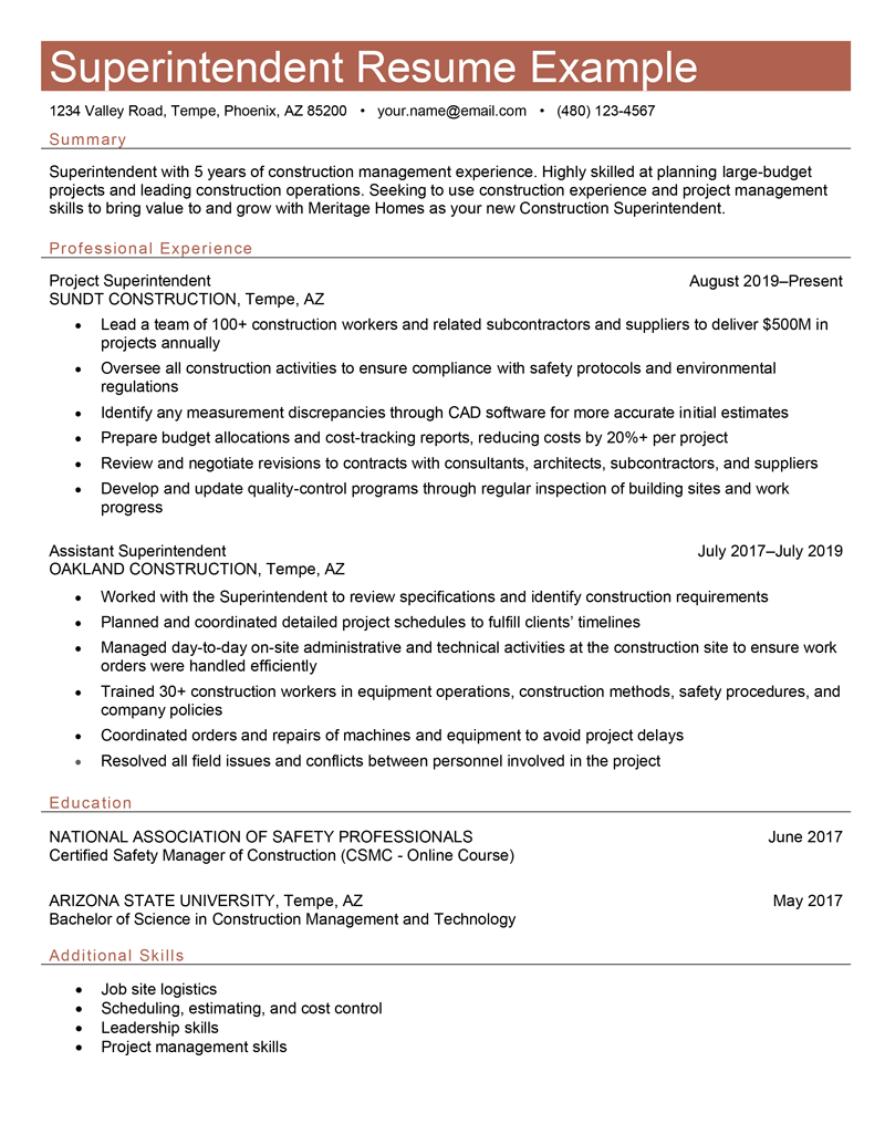 example of a superintendent resume