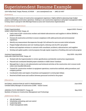 example of a superintendent resume