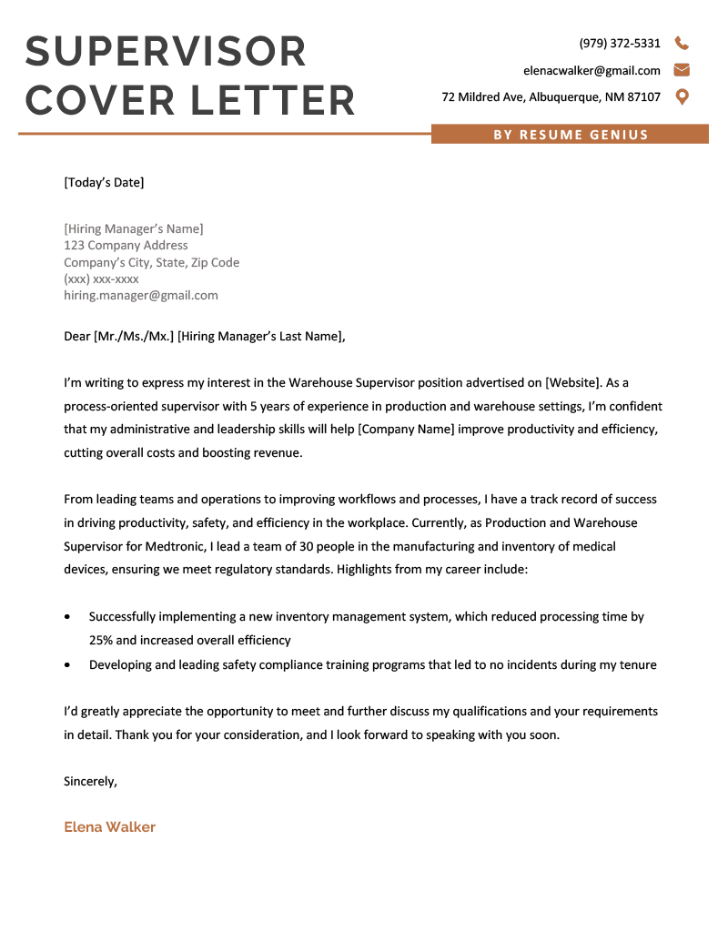 An example of a cover letter for a warehouse supervisor position on a simple template with burnt orange accents
