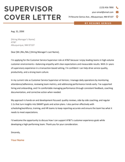 An example of a cover letter for a warehouse supervisor position on a simple template with burnt orange accents