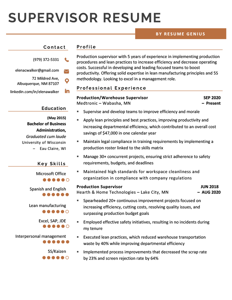An example of a resume for a warehouse supervisor on a simple playlist with burnt orange accents in the headers and skills section
