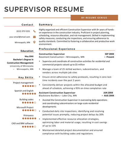 An example of a resume for a warehouse supervisor on a simple playlist with burnt orange accents in the headers and skills section