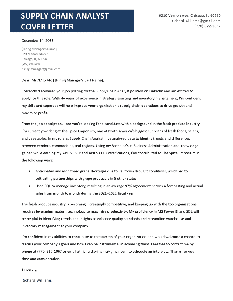 A supply chain analyst cover letter with a blue header and body text in which the applicant expresses interest in the role, highlights two of their achievements, and discusses how they will contribute to the target company
