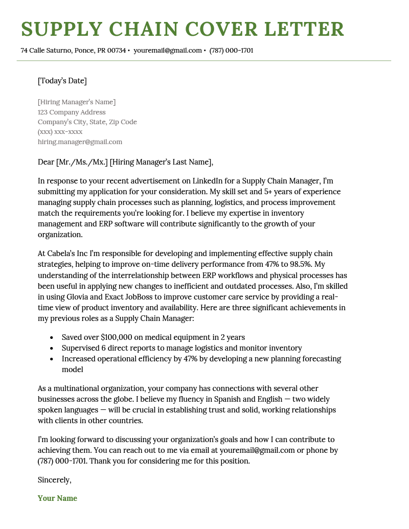 A supply chain cover letter example with a green header, contact information for the applicant and hiring manager, and 4 paragraphs and a bulleted list describing the applicant's job-relevant skills, experience, and achievements