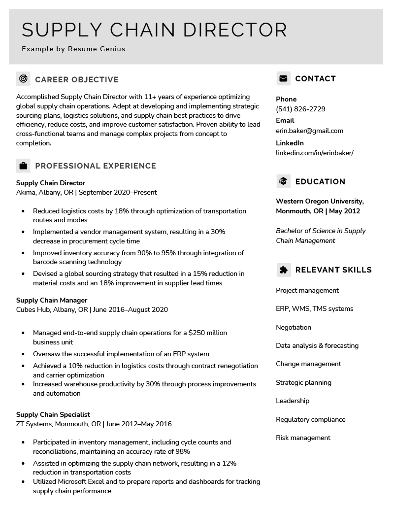 A supply chain director resume example written for a candidate with over 11 years of experience in supply chain management.