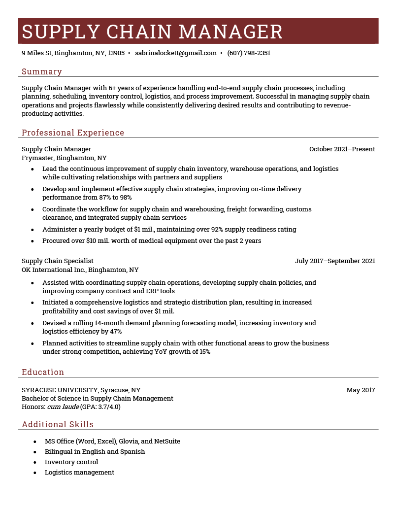 A properly formatted supply chain manager resume sample on a template with a red header