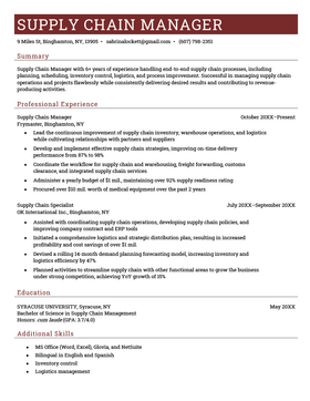A properly formatted supply chain manager resume sample on a template with a red header