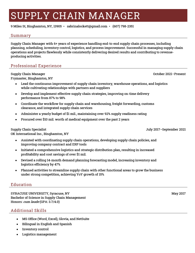 5 Supply Chain Resume Examples & Template for 2024