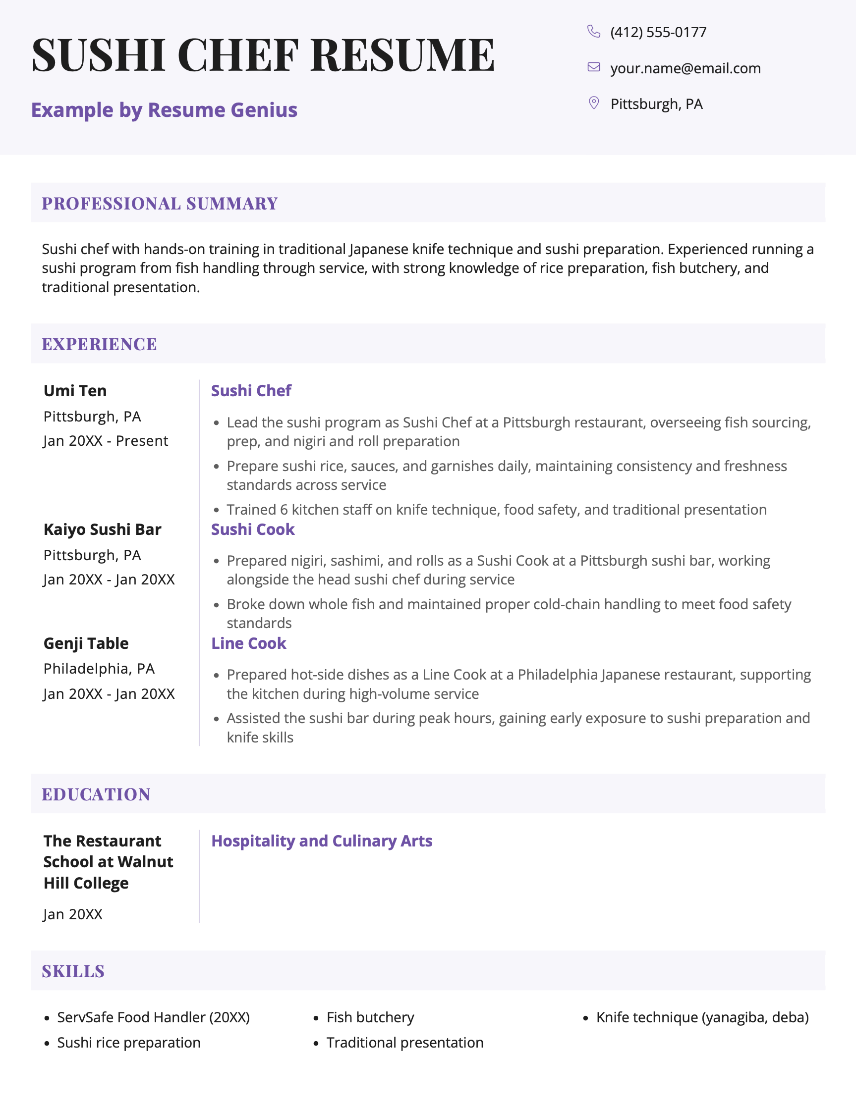 An sushi chef resume example with three relevant kitchen roles, a hospitality diploma, and key skills