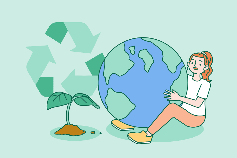 Graphic depicting a woman holding the earth alongside a seedling and recycling sign, with a green background.