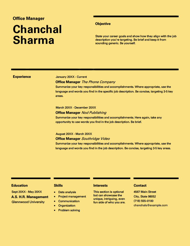 The Swiss resume template from Microsoft Word
