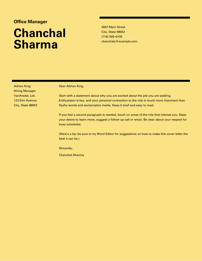 The Swiss cover letter template from Microsoft Word featuring a full color yellow background