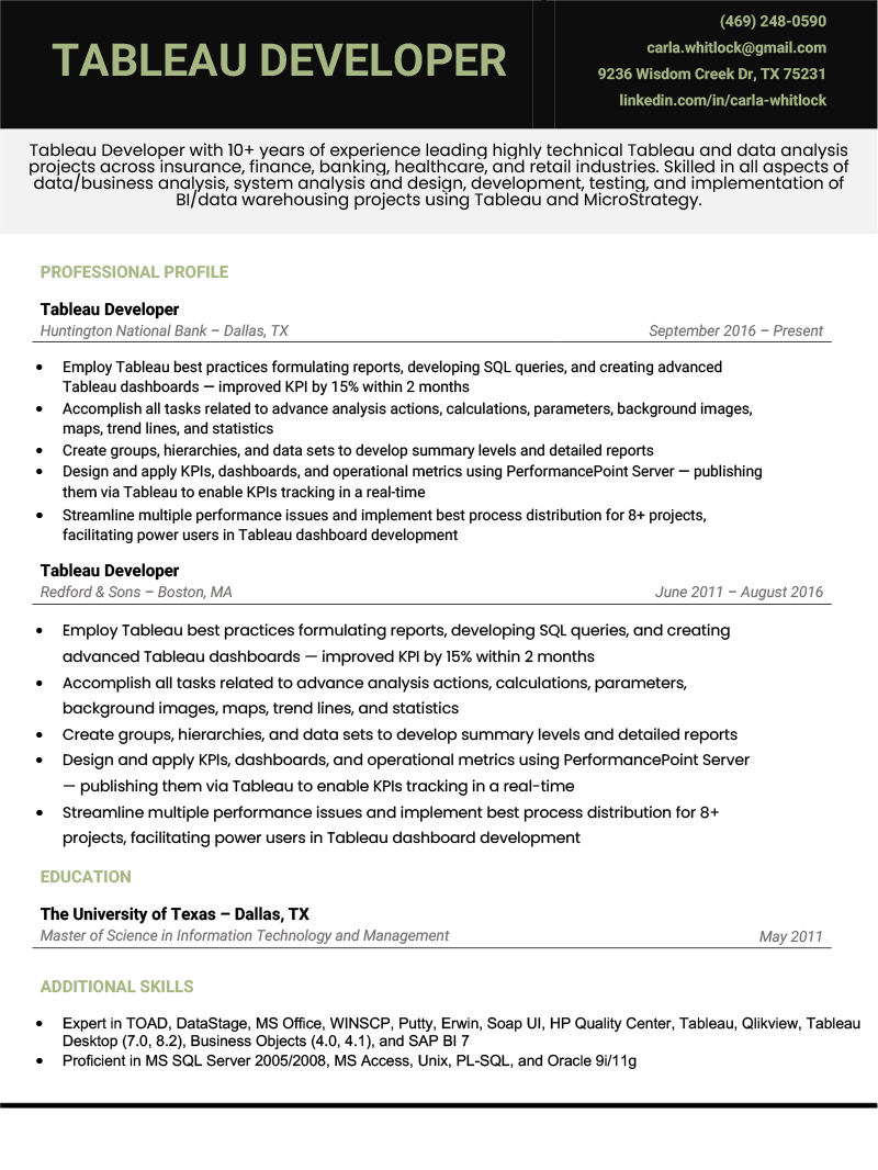 Tableau developer resume example and template