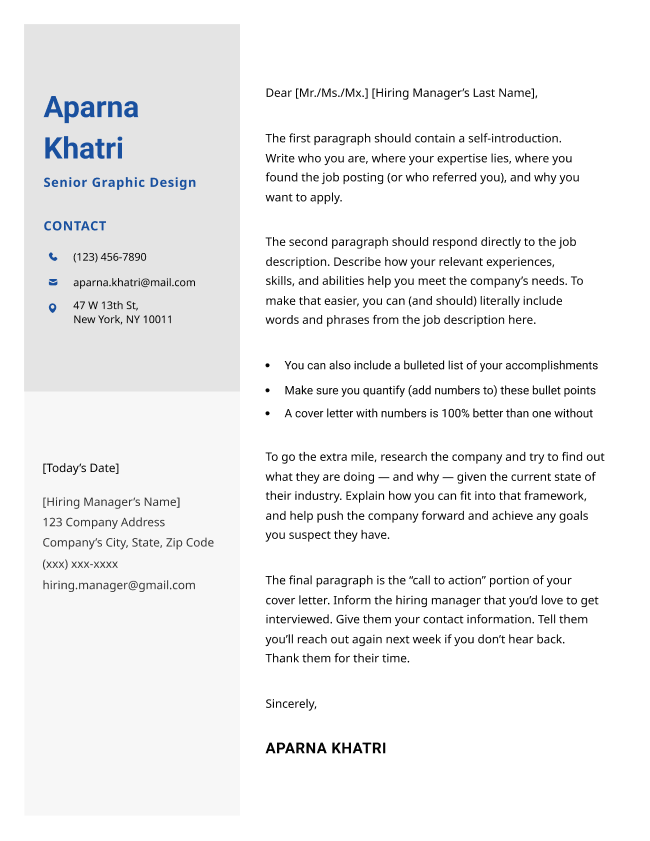 The Taj Mahal cover letter template in navy blue, featuring a large, modern-looking sidebar and a sans serif font.