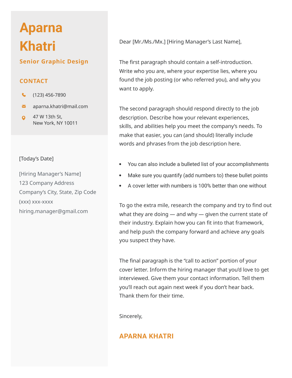 The Taj Mahal cover letter template in orange, featuring a split color sidebar.