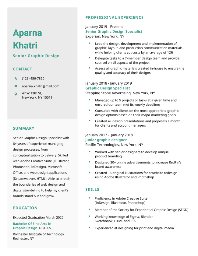 The Taj Mahal CV template in light green, featuring a sidebar that includes the contact information, summary, and education section.