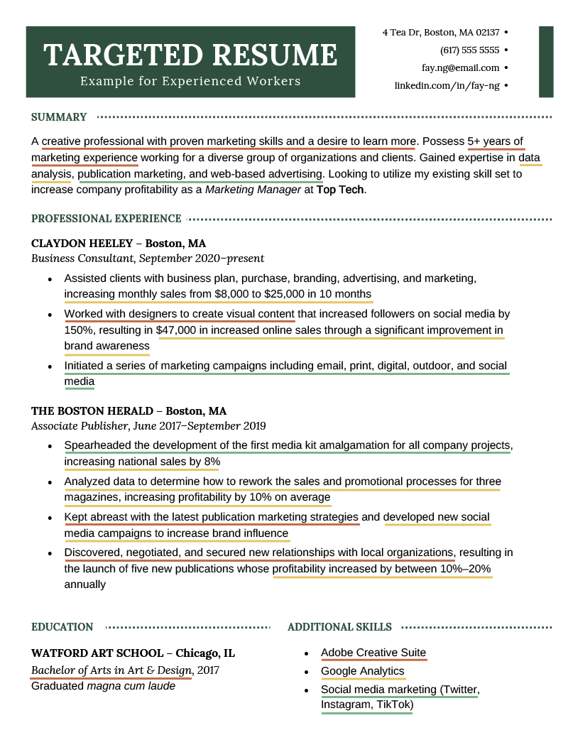 A targeted resume example for experienced workers with information that targets the job ad highlighted by bold and italicized text, and orange, green, and yellow underlines