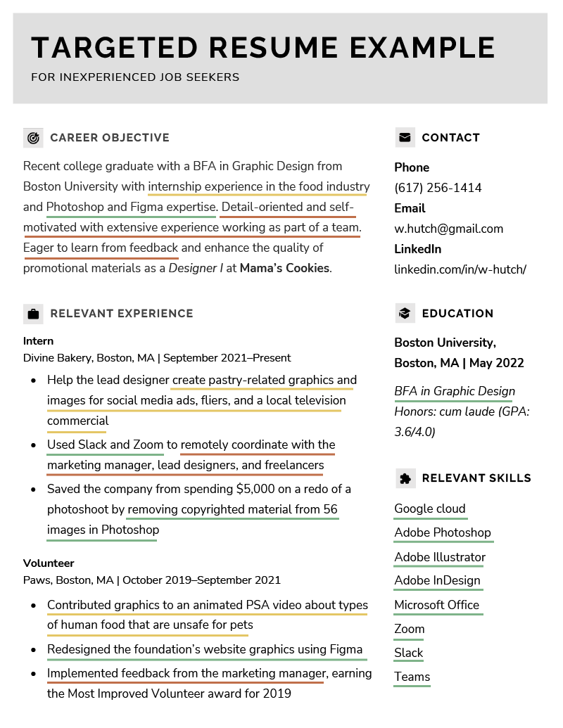 A targeted resume example for inexperienced workers with information that targets the job ad emphasized by bold and italicized text, and orange, green, and yellow underlines