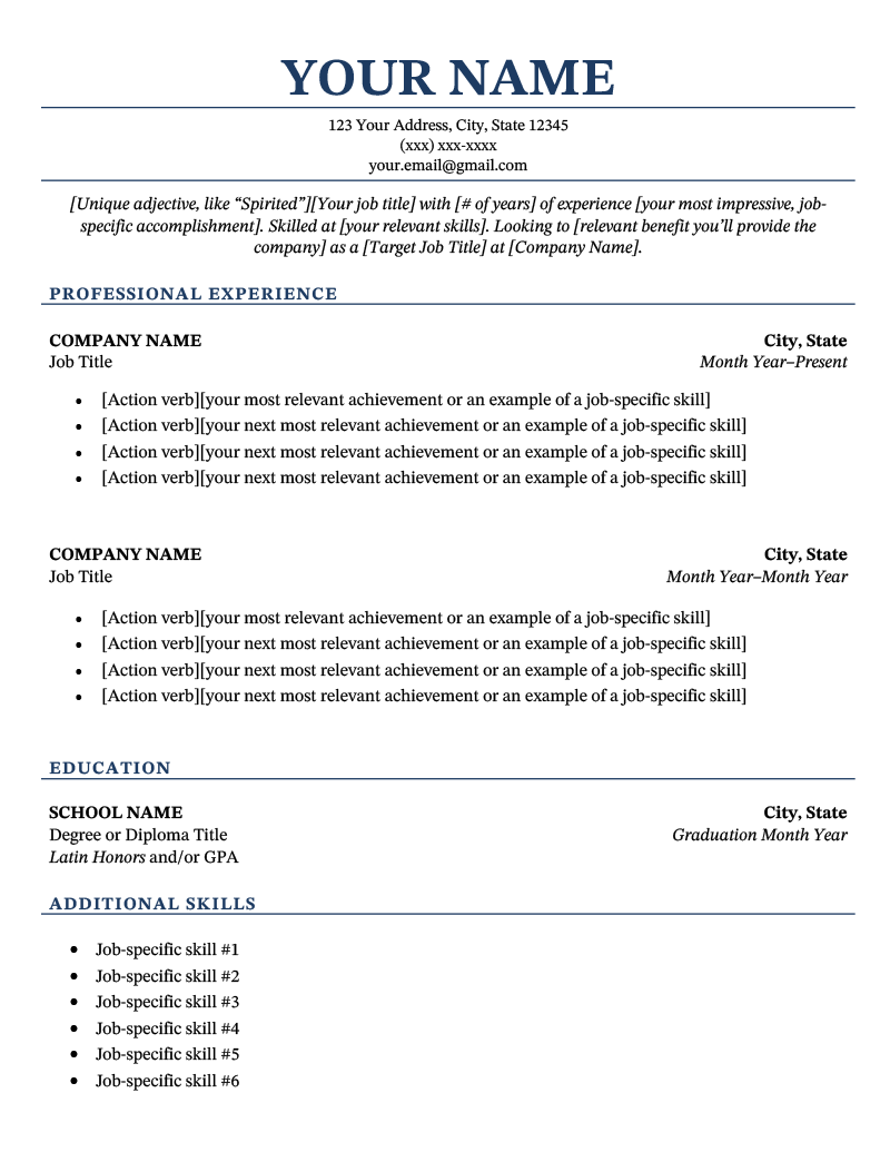 A targeted resume template with a blue header and bracketed suggestions to help applicants tailor their resumes to specific jobs