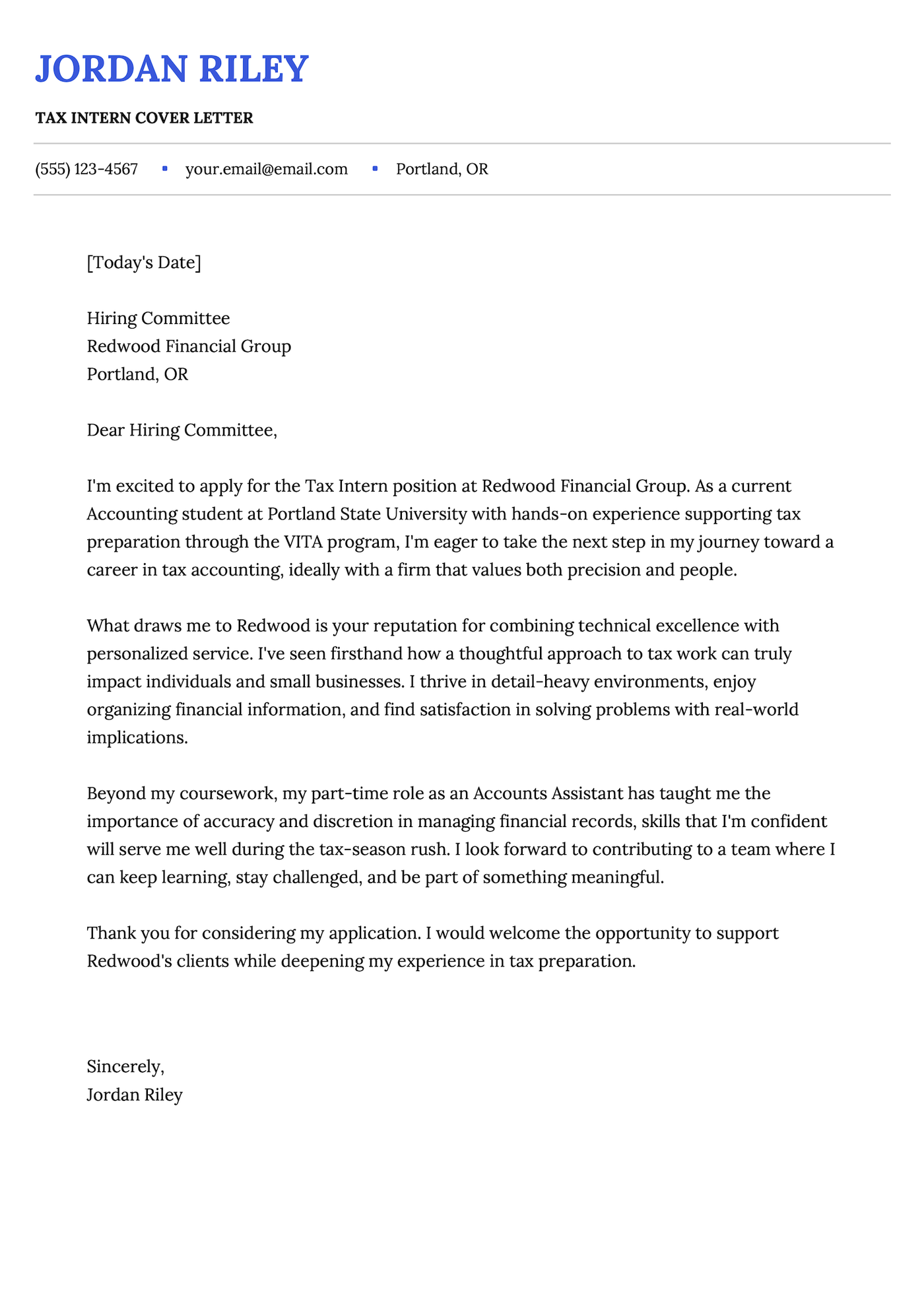 An example cover letter for a tax internship.