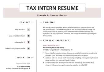 A light pink tax intern resume sample with the applicant's contact information, education, and skills in the left column and career objective and relevant experience in the right column