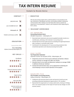 A light pink tax intern resume sample with the applicant's contact information, education, and skills in the left column and career objective and relevant experience in the right column