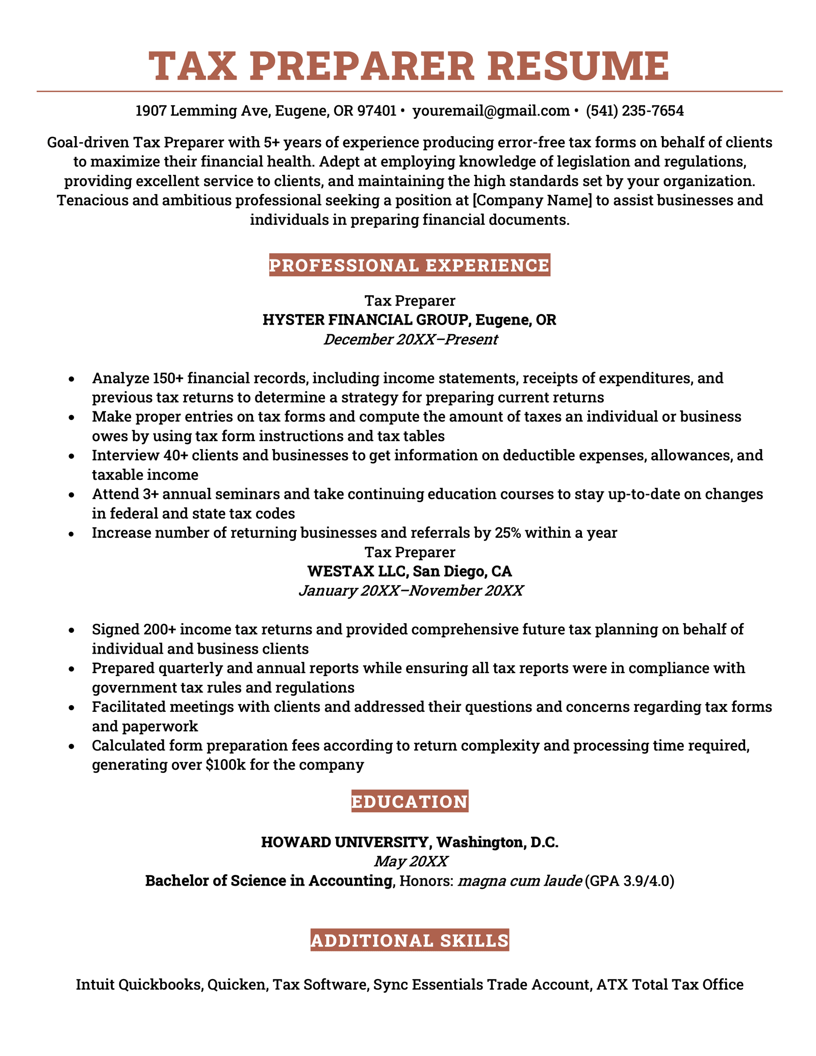 A tax preparer resume example separated into four sections including a resume objective at the top, followed by the applicant’s professional work experience, education, and additional skills