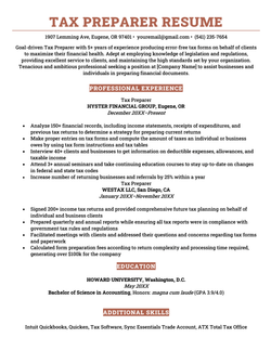 A tax preparer resume example separated into four sections including a resume objective at the top, followed by the applicant’s professional work experience, education, and additional skills