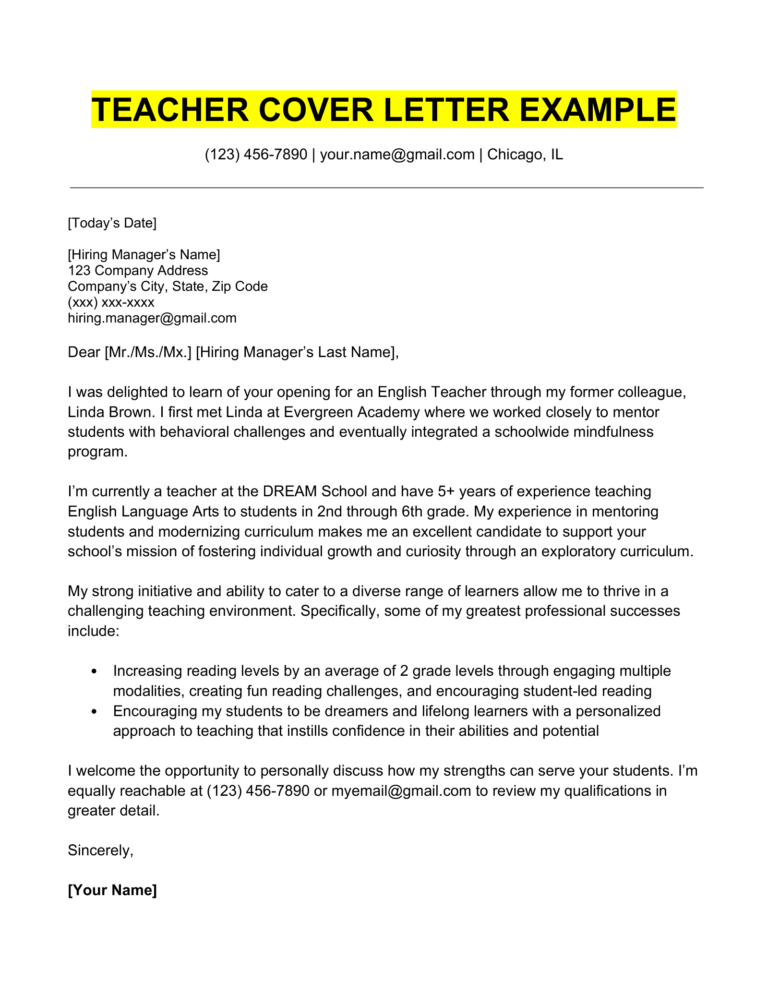 cover letter format teacher