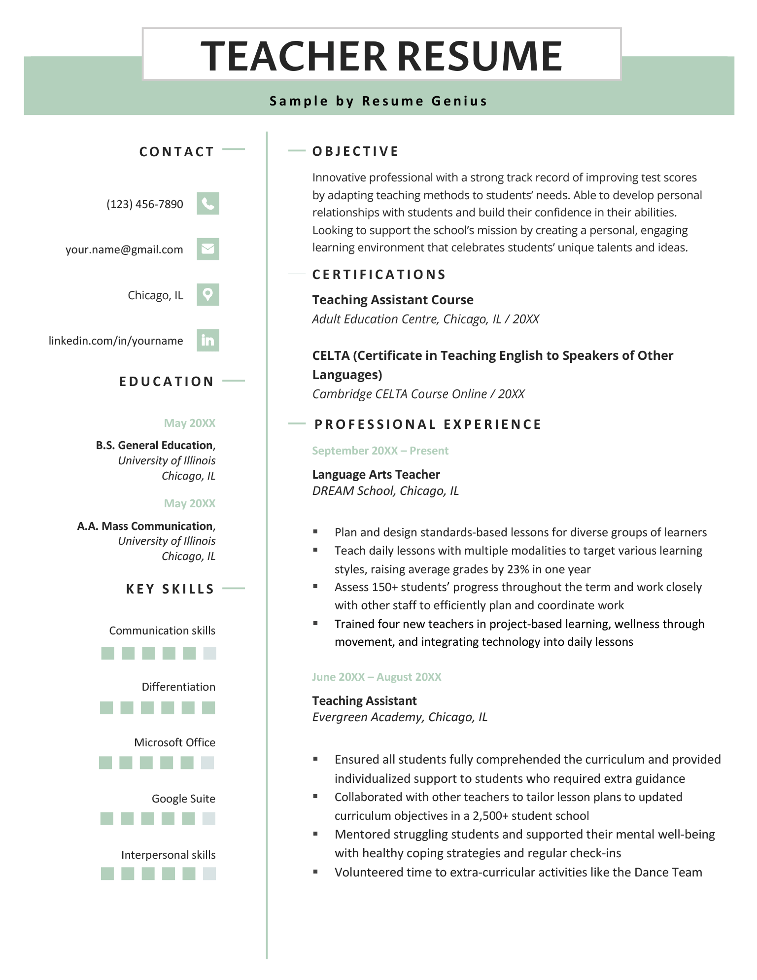 Example of a teacher resume featuring a casual green design